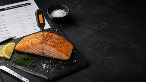 Grilovaný filet lososa na tmavé kamenné desce s digitálním teploměrem a poznámkami k teplotám ryb.
