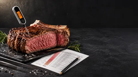 Rozkrojený hovězí steak s růžovým středem na tmavé kamenné desce, do kterého je zapíchnutý digitální teploměr.