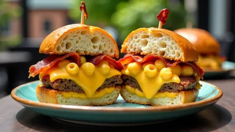 Burger plněný mac and cheese