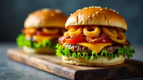 Plněné burgery z mletého hrudí s cheddarem a slaninou