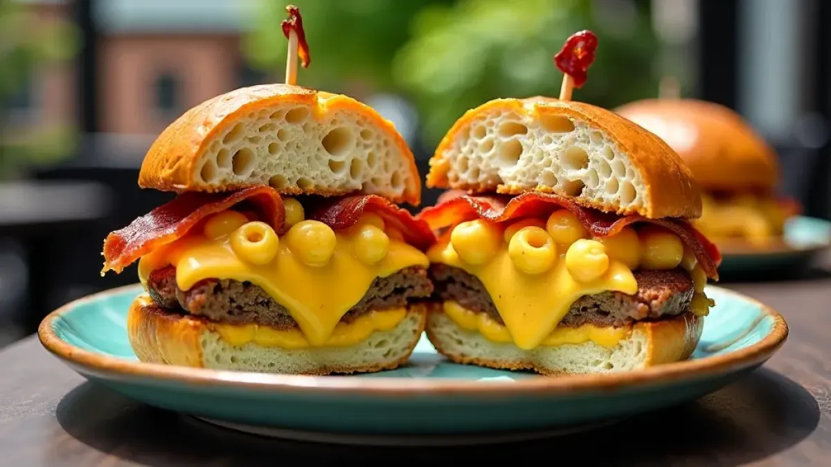 Burger plněný mac and cheese