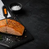 Grilovaný filet lososa na tmavé kamenné desce s digitálním teploměrem a poznámkami k teplotám ryb.